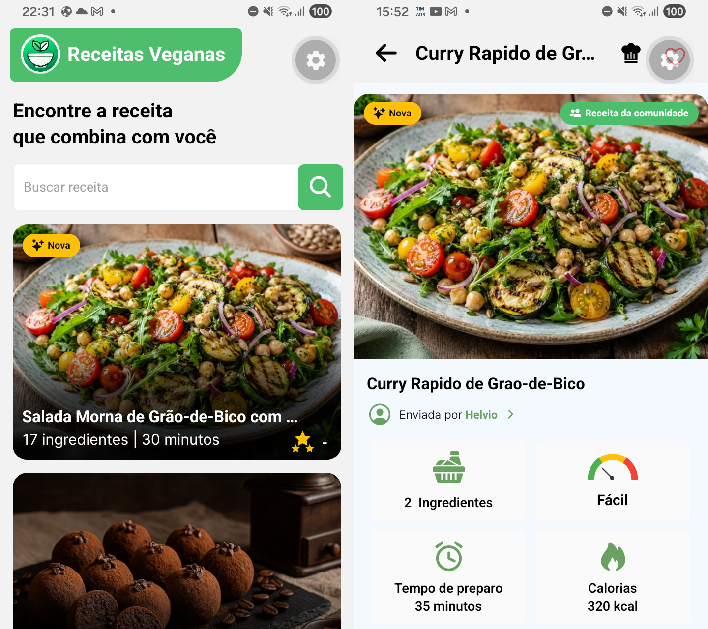 Telas de descoberta de receitas e de detalhe do prato