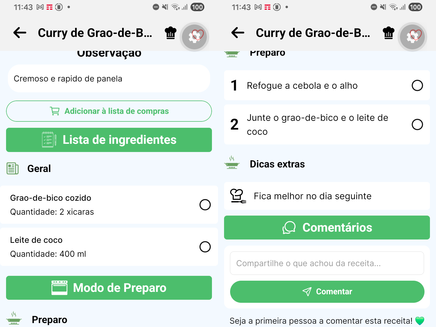 Telas de lista de ingredientes e de modo de preparo